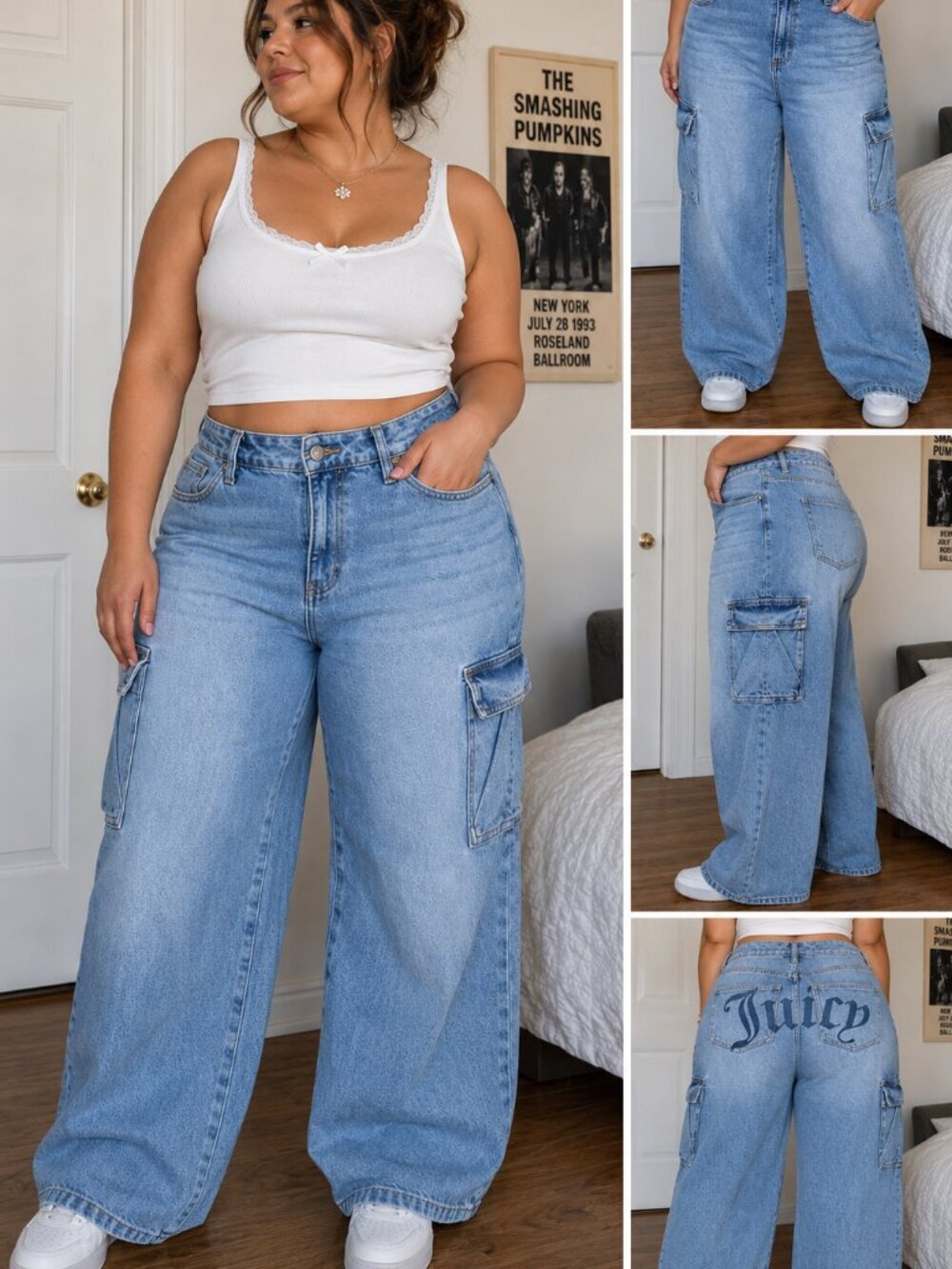 JUICY COUTURE Wide Leg W Cargo Pockets light Wash NWT Logo On Back Pockets 14